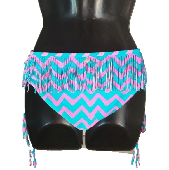 Billabong 2 Piece Swimsuit wit tasseled Halter nylon Pink Blue Chevron Bikini. - Picture 6 of 8
